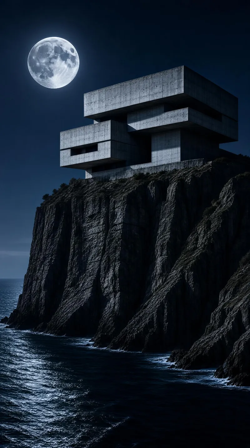 Modern Concrete House on Cliff at Night