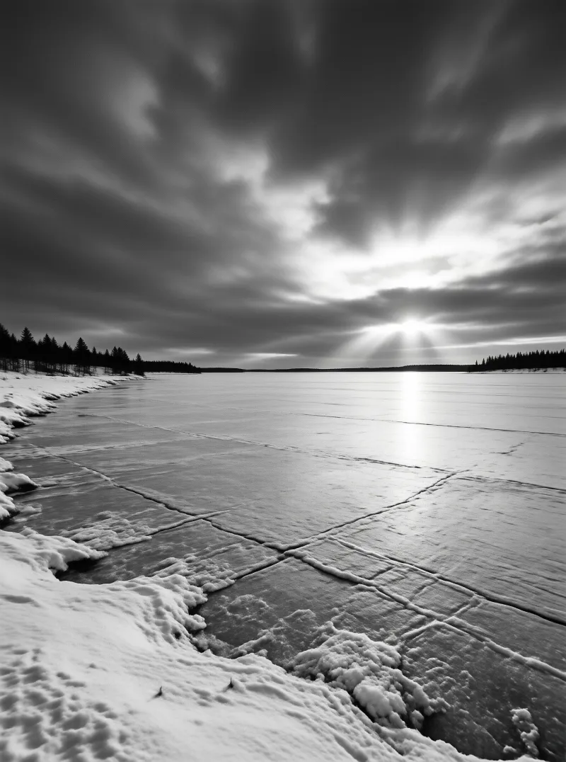 A black and white winter scene shows a vast frozen lake cracked into slabs beneath a sunburst breaking through clouds