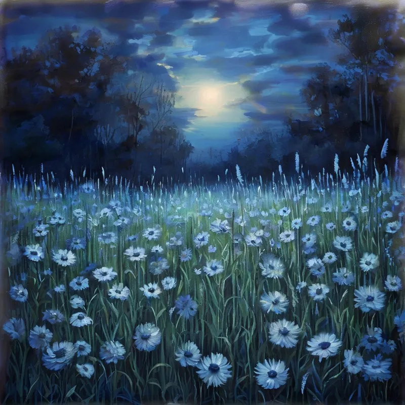 A meadow of pale blue wildflowers glows under the light of a full moon visible through clouds in the night sky.