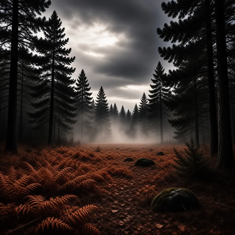 A dark landscape shows a path through brown ferns surrounded by silhouetted evergreen trees with fog rising in the distance.