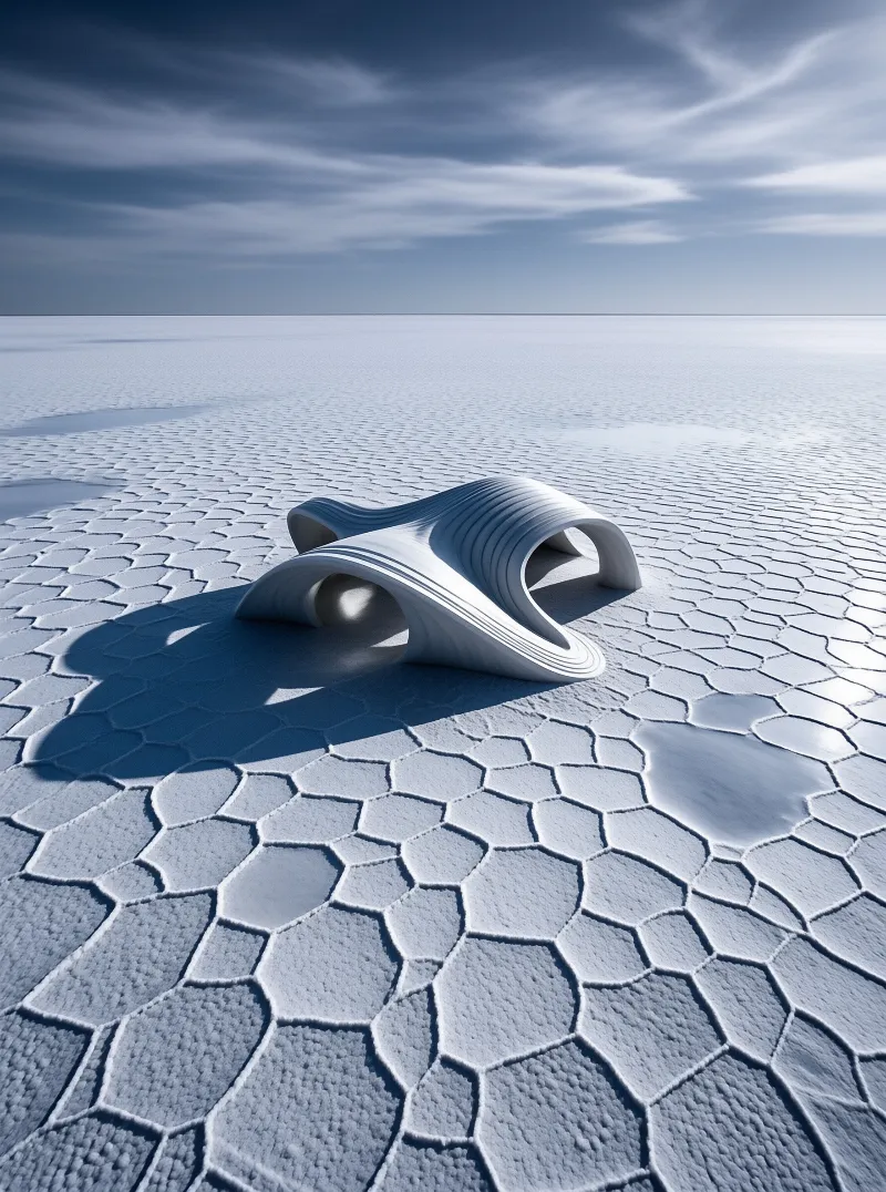 A rippled white sculptural form casts a long shadow across a cracked hexagonal salt crust under blue sky.