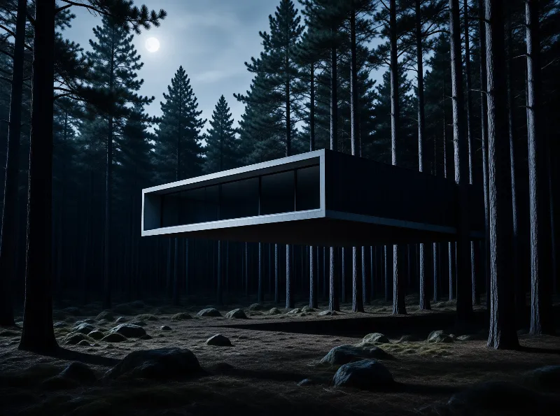 A long dark box with a band of windows floats among tree trunks beneath a pale full moon.