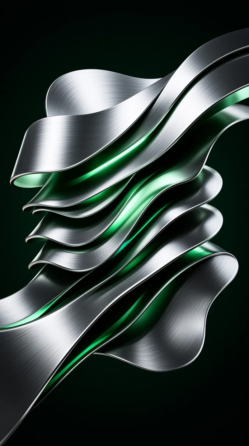 Brushed silver sheets fold into waves revealing neon green light against a dark void.
