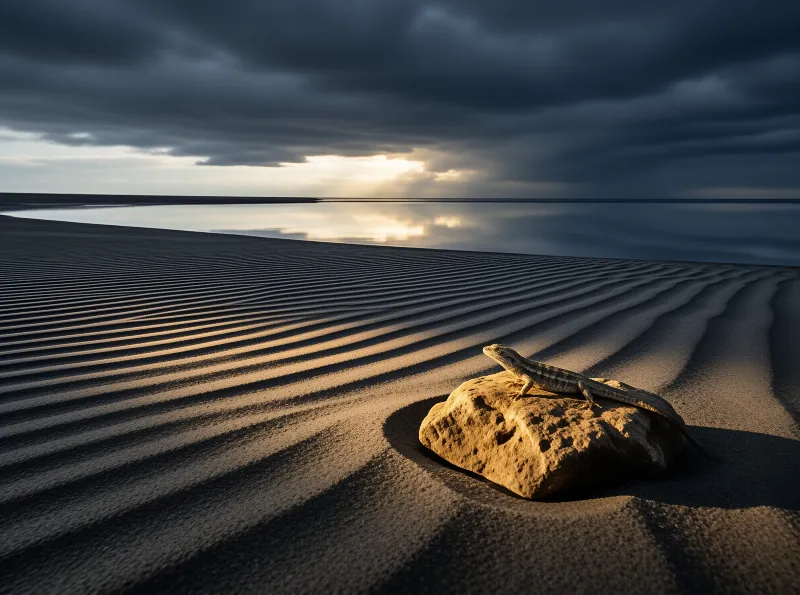 A lizard rests on a rock on a beach with rippled sand, under a sky with dark clouds and sunlight reflecting on the water.