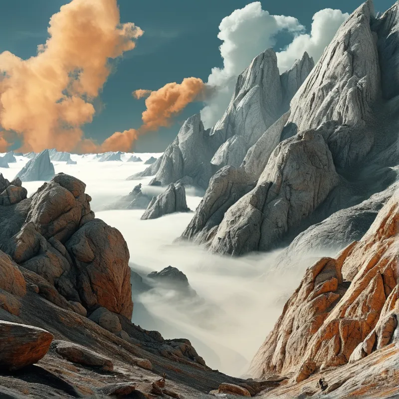 Rugged grey peaks emerge from a dense layer of mist while dramatic orange clouds float in the deep blue sky.