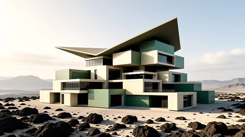 A multi-level structure featuring green and beige facades rises from a rocky desert plain beneath a hazy sky.