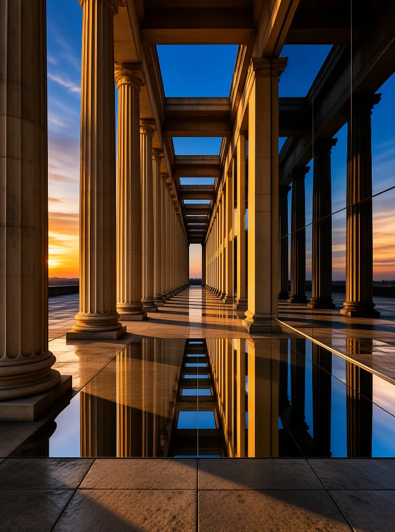 A long row of ancient stone columns stands beside a mirror-like floor that reflects the deep blue sky and warm orange sunset light.