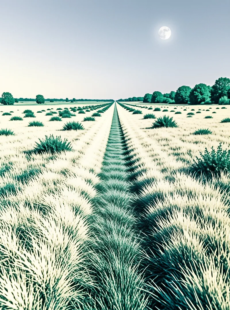 A straight path cuts through a field of tall teal grass leading towards a line of trees under a moonlit sky.