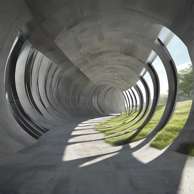 A curved concrete tunnel features circular openings revealing green grass while sunlight creates shadows on the walkway.