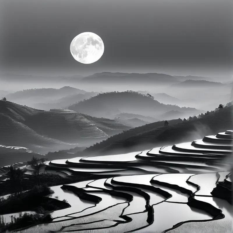 Curved water filled rice paddies stretch across misty hills under a large luminous moon.