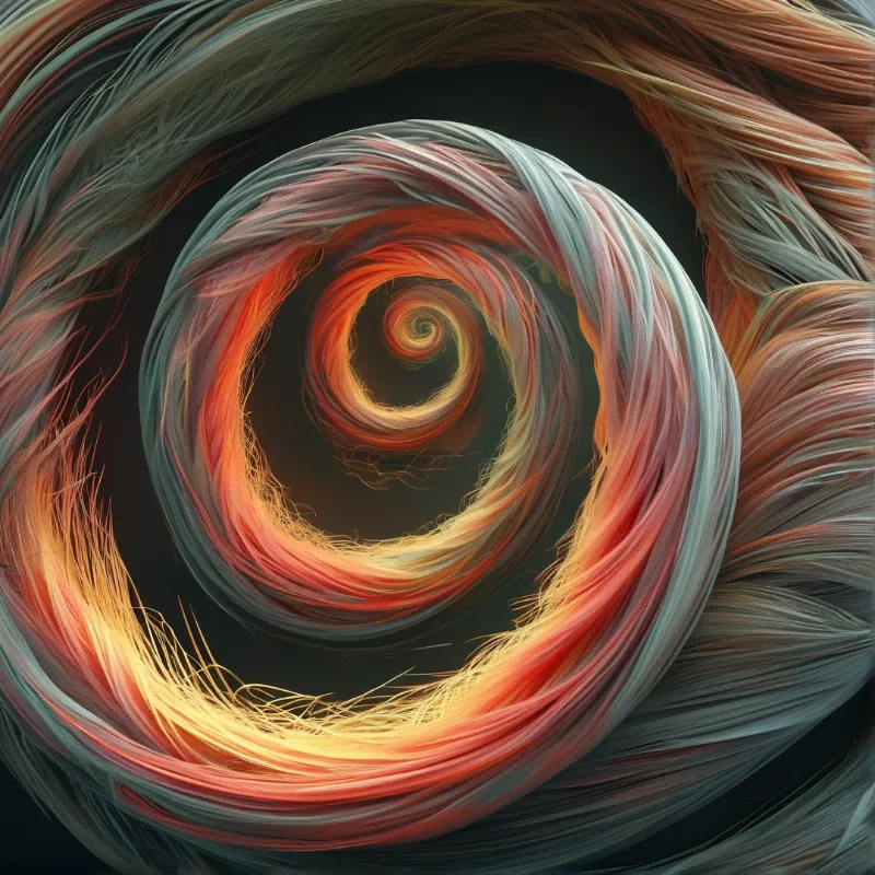 Vibrant strands of orange and grey fiber twist into a tight spiral vortex against a dark void.