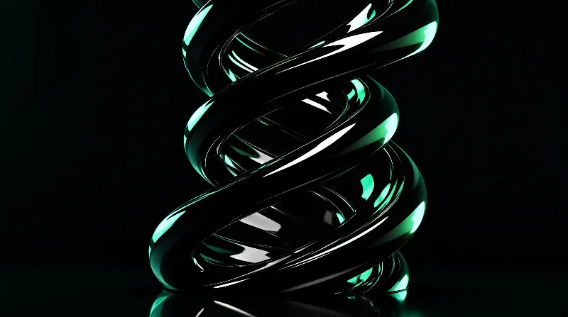 A glossy black double helix structure with bright green reflections sits against a dark background.