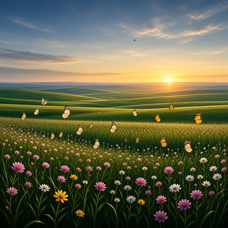 Colorful butterflies hover above wildflowers as the sun sets over distant rolling green hills and a blue sky.