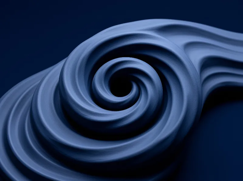 A dark blue viscous liquid forms a tight spiral against dark navy backdrop, soft shadows add depth to the hollow black center.
