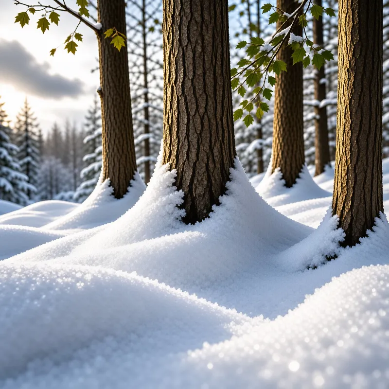Bark textured trunks emerge from mounds of granular snow where the first green leaves catch the low winter sun.