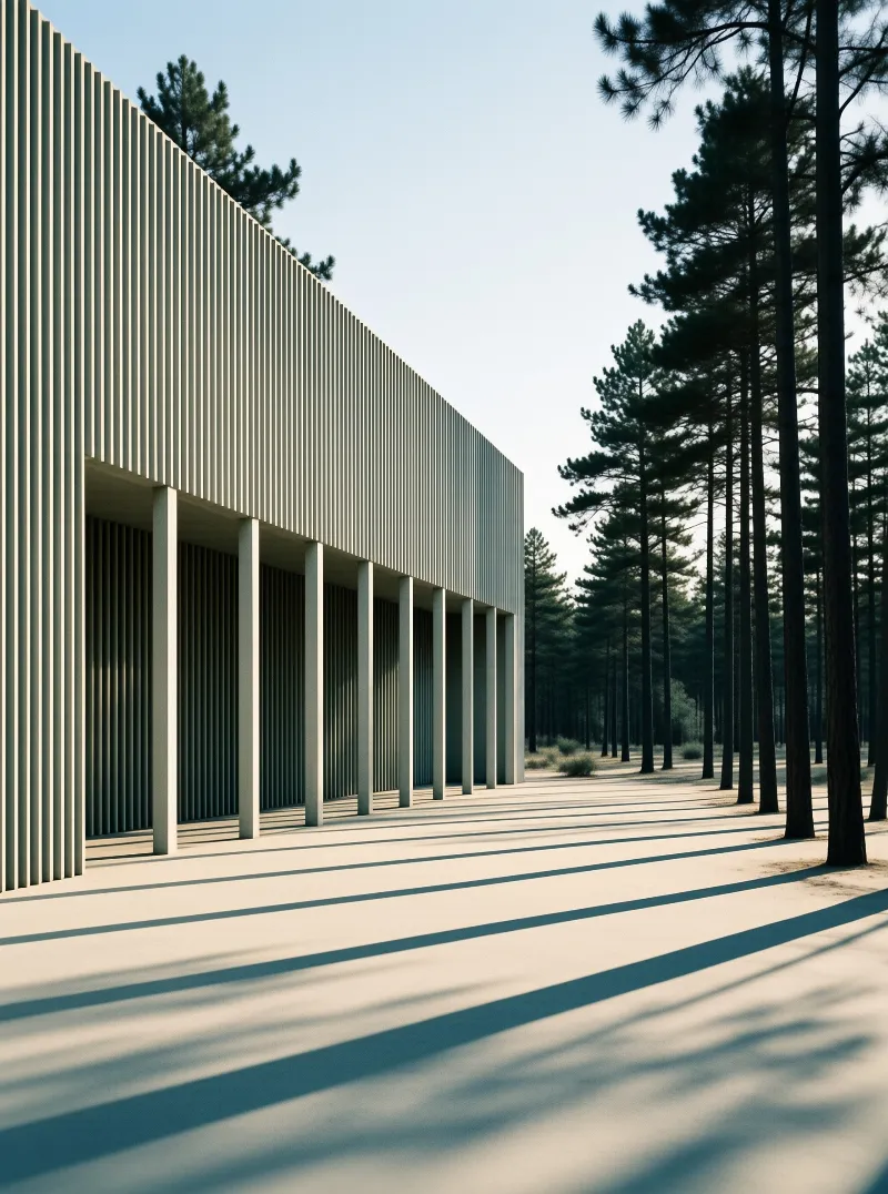 A ribbed concrete colonnade building stands beside a pine forest, with long slatted shadows stretching across the flat paved walkway under bright clear sunlight.