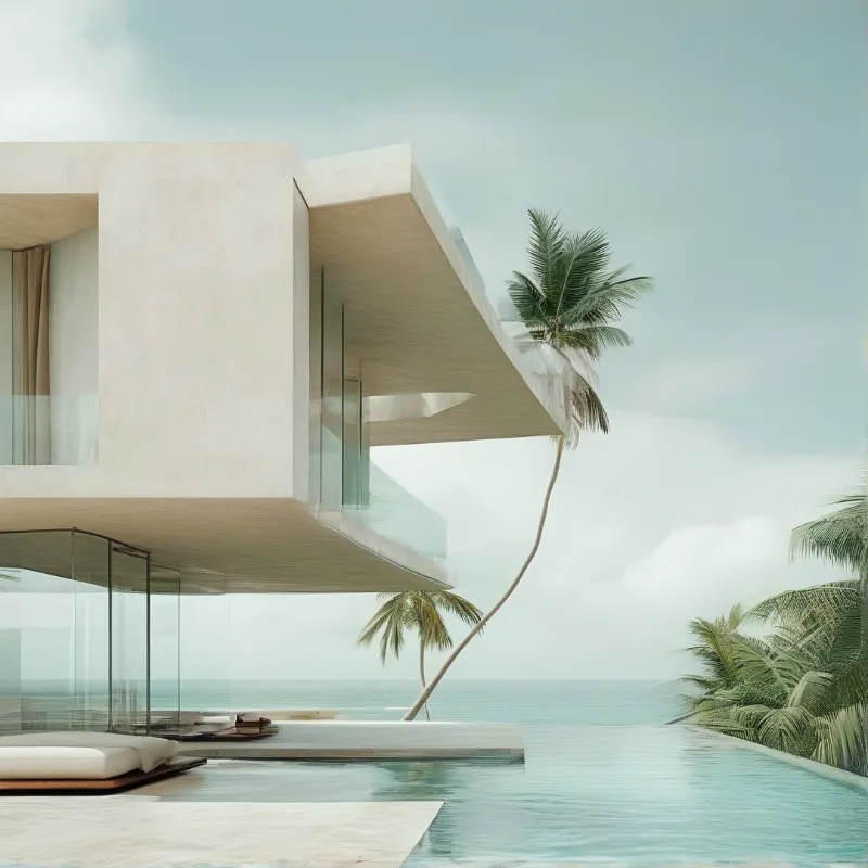 Minimalist white architecture overlooks the calm sea with floor to ceiling glass and an infinity pool edged by palm trees.
