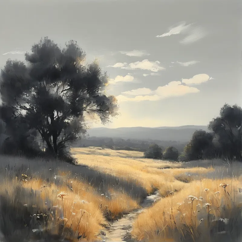 A dusty trail winds through tall golden grass toward distant hills under a hazy sky with a large tree on the left.