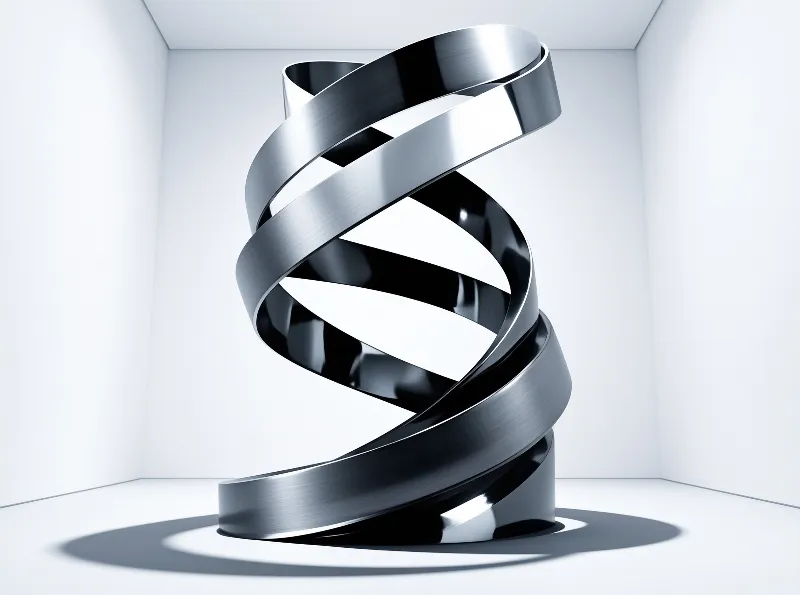 A mirror polished metal band twists upward in looping curves, set against a bright minimalist corner.