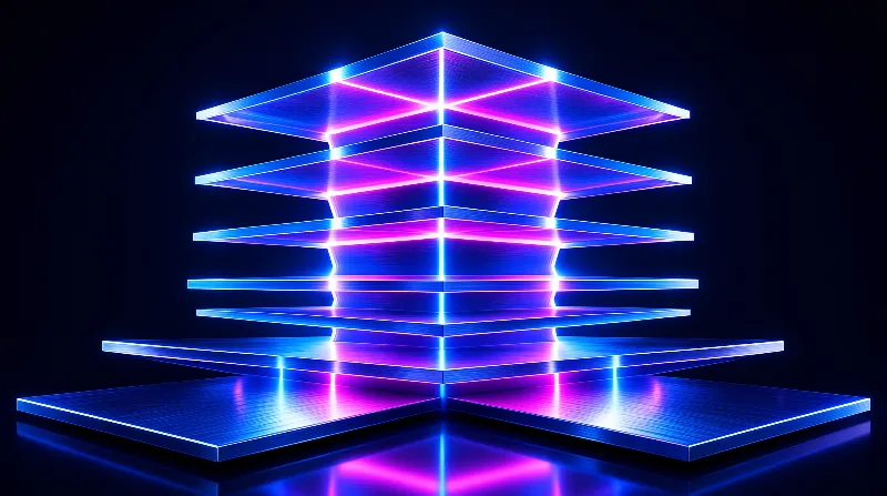 A geometric tower composed of stacked layers glows with neon blue and pink edges against a dark reflective surface.