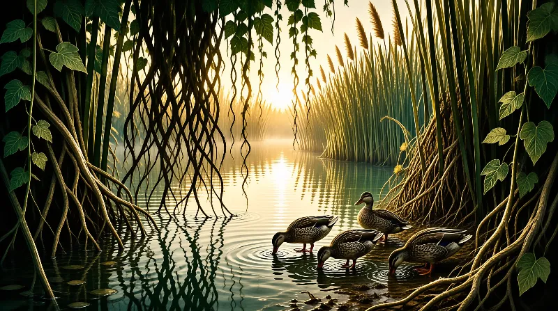 Mallard ducks drinking from a sunlit misty waterway flanked by thick mangrove roots and reeds in soft golden sunrise light.