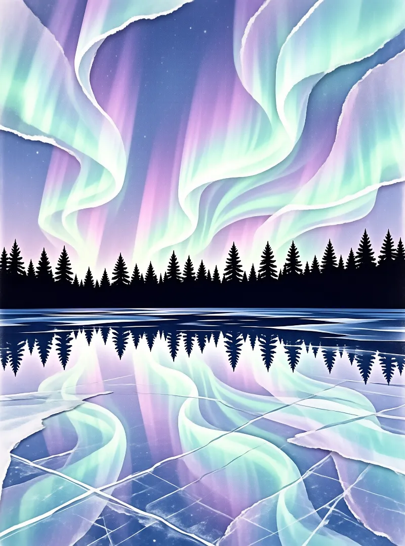 Swirling green and purple lights dance across the night sky above a dark tree line and reflected water.