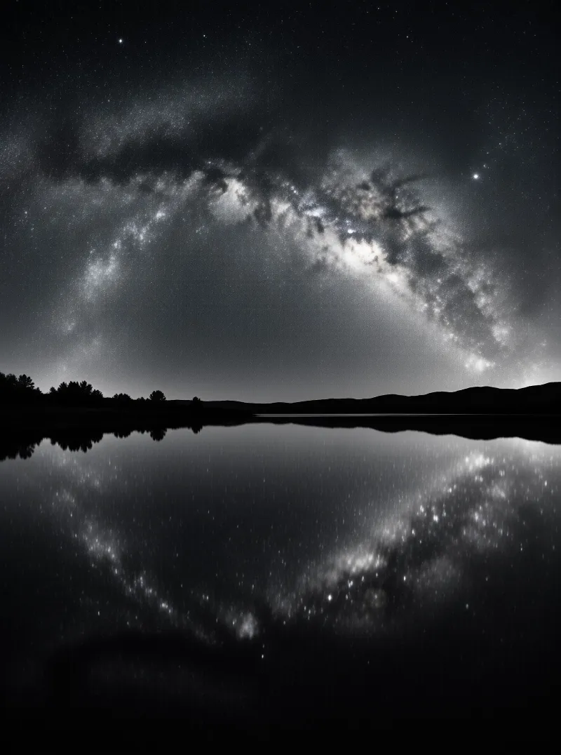 Countless stars curve in a bright band over calm water that mirrors every point of light