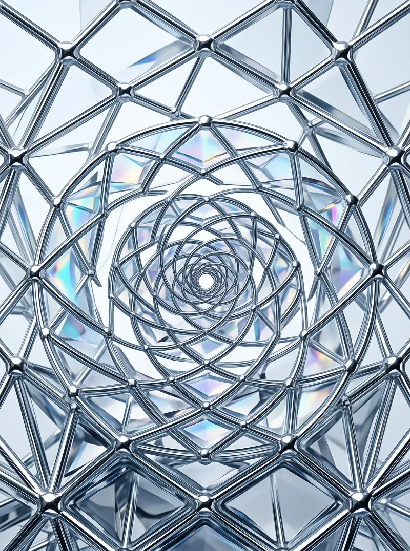 Metallic spiral structure with interlocking tubes reflecting iridescent rainbow hues in a symmetrical pattern.