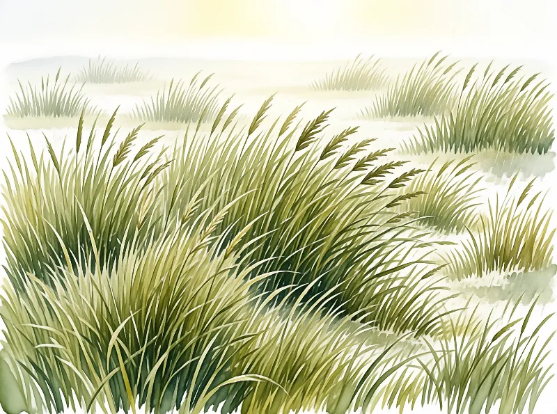 A painted scene shows tall green vegetation curving in a meadow beneath a bright yellow sky.