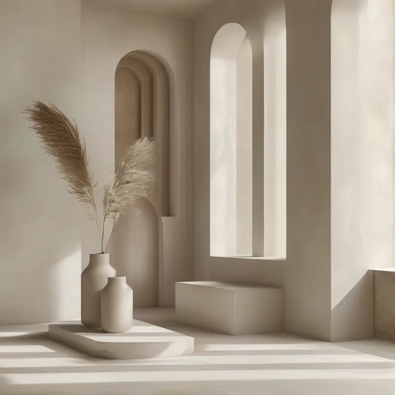 Two beige ceramic vessels display feathery reeds within an architectural space featuring tall rounded openings and shadows