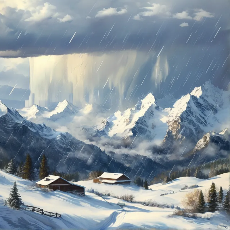 Two wooden cabins sit in a snowy landscape while heavy precipitation falls over jagged mountain peaks.