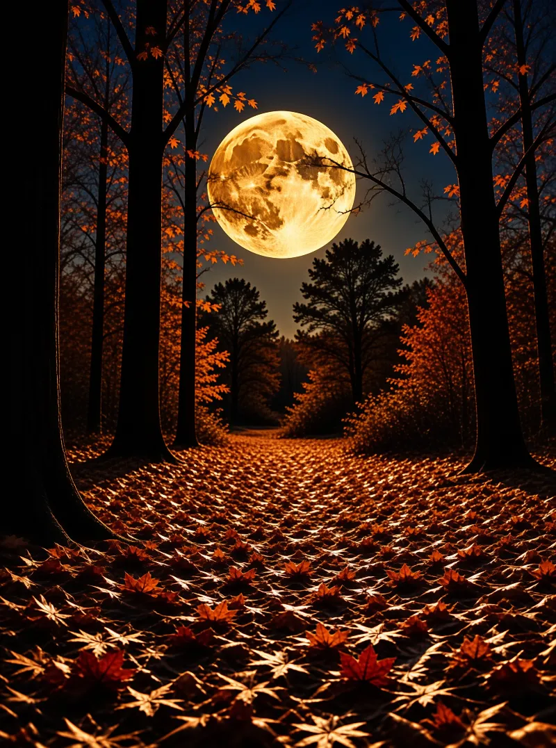 A large bright moon shines above a dark forest path lined with trees and covered in orange fallen leaves.
