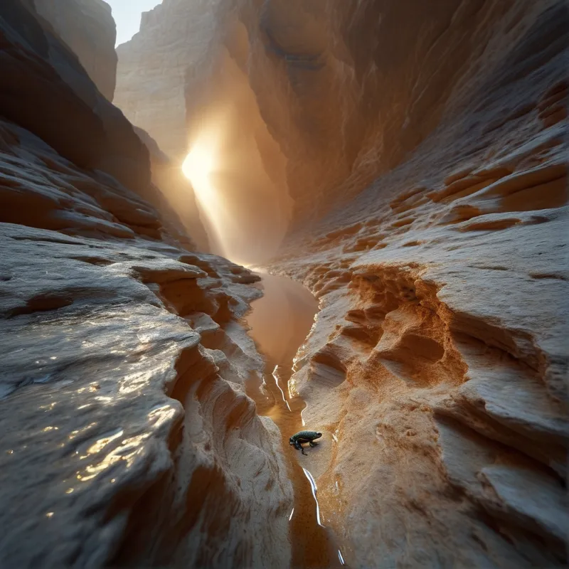 A hiker walks through a narrow sandstone canyon as a bright beam of sunlight shines down from the opening above.