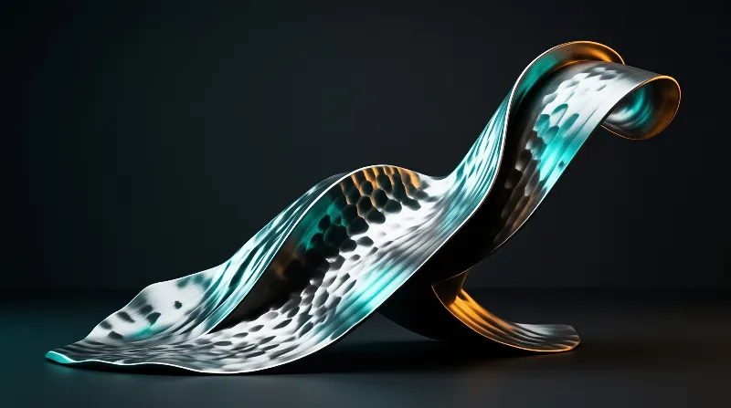 A twisted metal band with hammered dimples arcs across a dark studio, catching turquoise and copper highlights