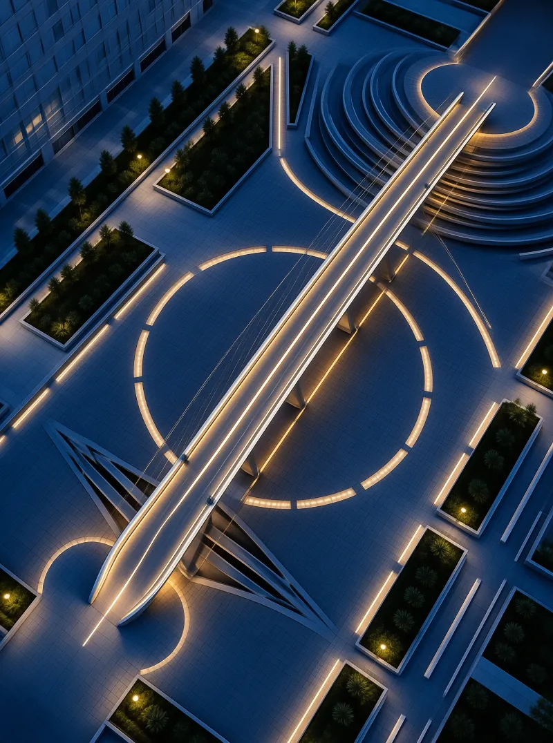 High angle view of a glowing pedestrian bridge crossing a tiled courtyard with geometric planters during twilight.