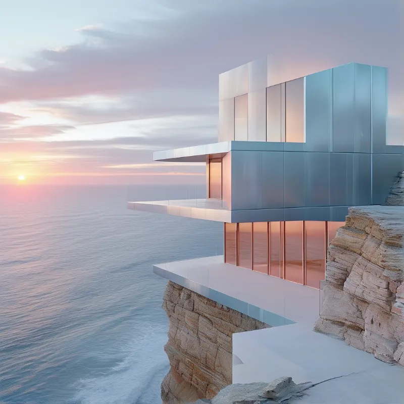 A sleek building with reflective windows projects outward from a rocky headland while the sun sets below the horizon.
