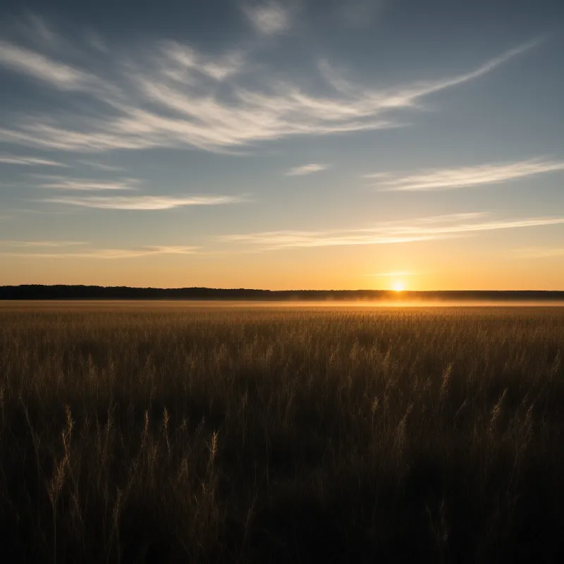 Golden prairie grass stretches to a distant treeline as the sun rises through a thin band of mist.