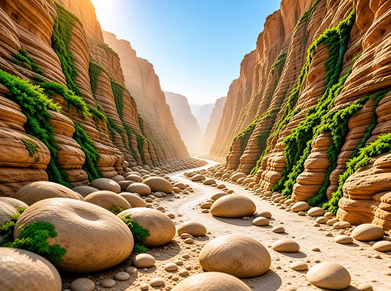 Smooth rounded rocks covered in green vegetation line a sandy canyon path illuminated by bright natural sunlight.