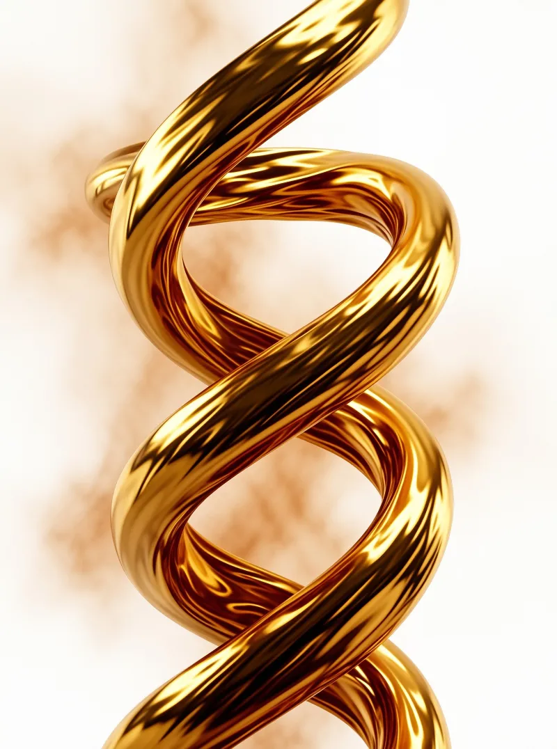 A reflective metallic structure twists into a spiral shape against a soft blurred background with warm lighting.