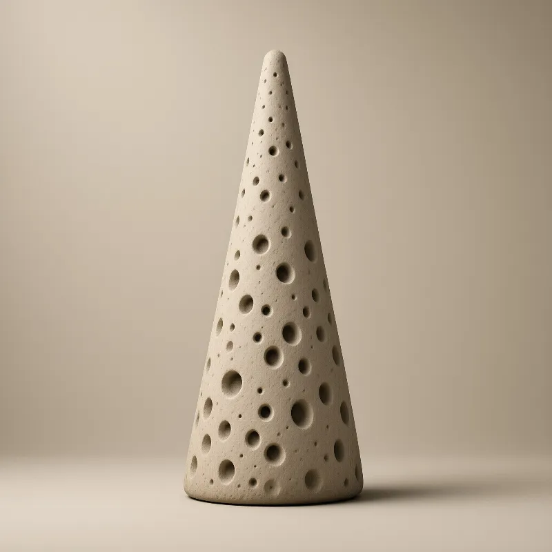 A porous concrete cone stands on a beige surface with soft lighting casting a shadow to the right.