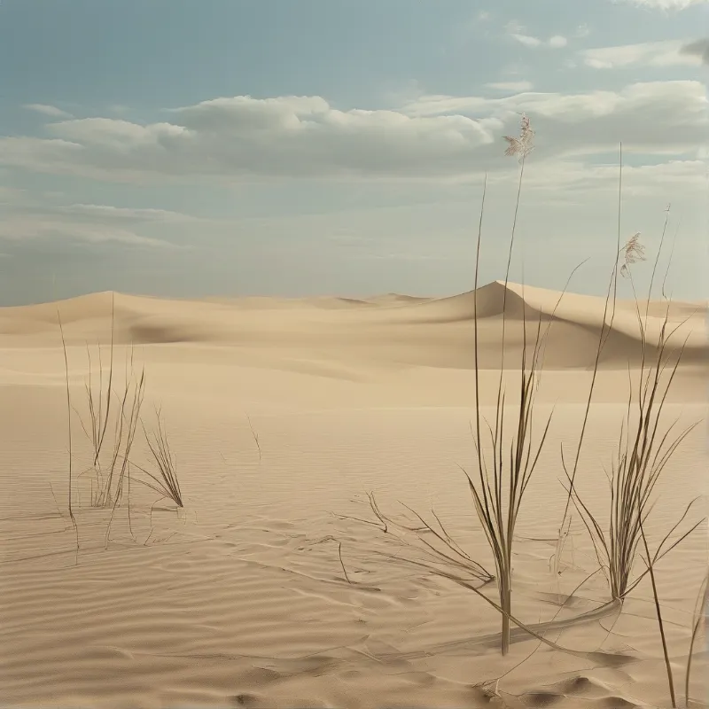 Fine wind ridges cross a pale sand sea toward soft dune crests, with a few dry reed clumps leaning into the light.