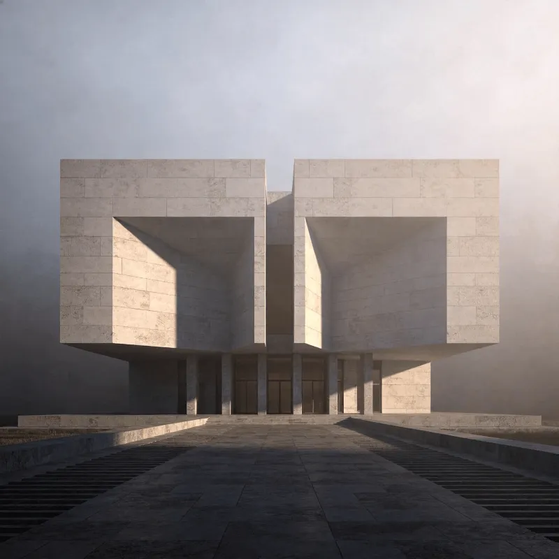 Pavilion with Brutalist Massing — Foggy Morning