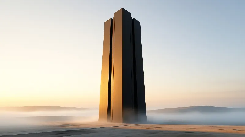 Tall angular monolithic tower rises from misty salt flats at sunrise, left side glows amber while right is shadowed.
