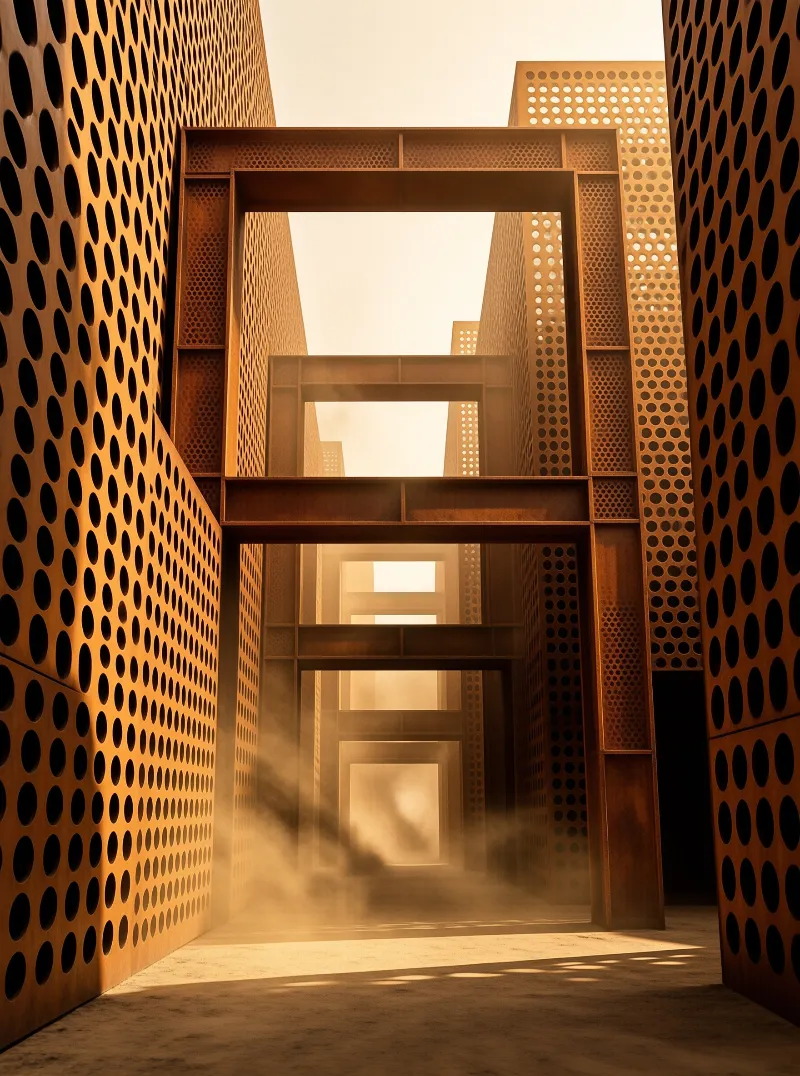 Towering rusted panels punched with round holes frame a corridor of nested portals fading into sunlit dust