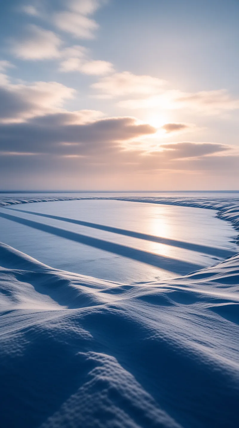 A vast frozen landscape features long shadows stretching across a white surface towards a low sun behind scattered clouds.