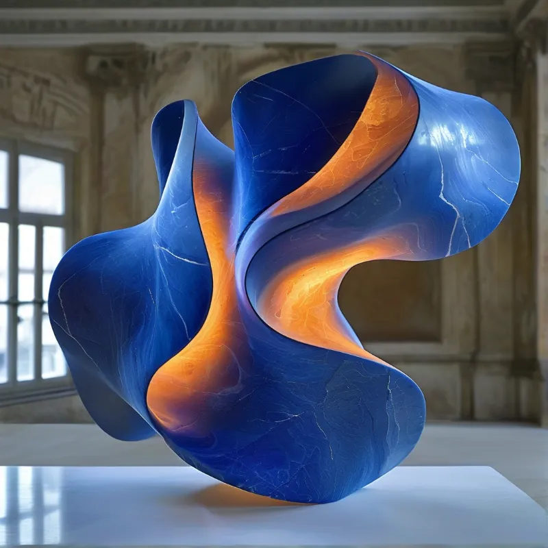 A glossy blue and orange sculpture rests on a plinth inside a sunlit room with classical columns and tall windows.