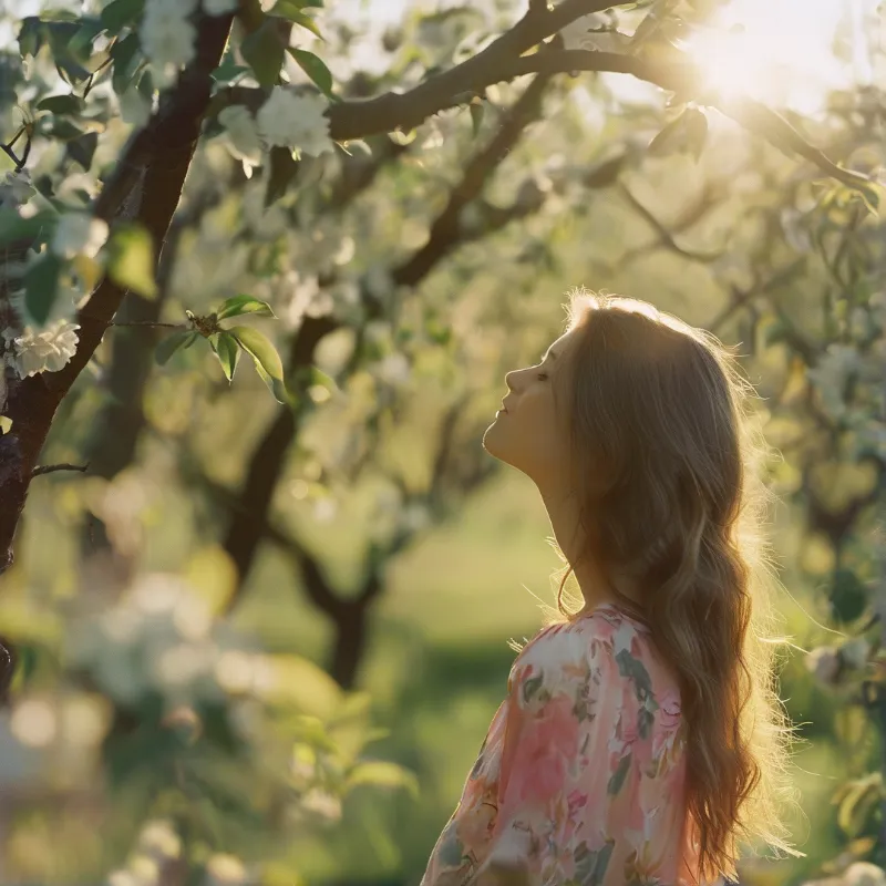 A young woman in a floral dress looks up at white blossoms while strong sunlight filters through the trees behind her.