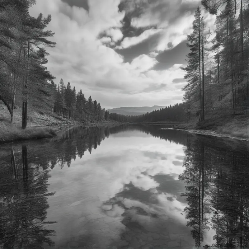 A monochrome landscape of a calm lake mirroring tall conifers and a cloud filled sky between wooded hills.