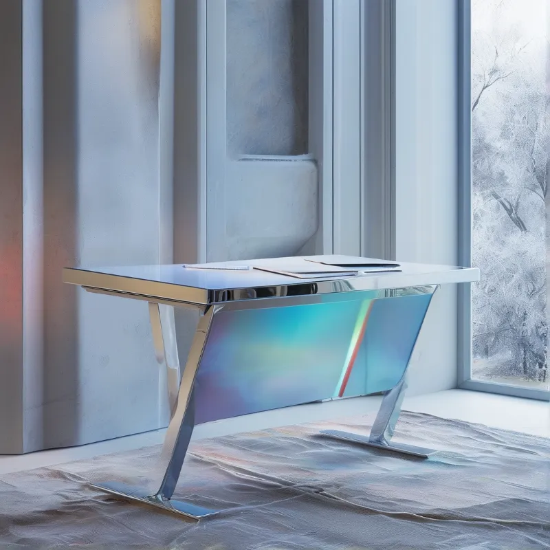 A sleek metal table with a colorful shifting panel stands on a rug near a large window looking out onto a snowy landscape.