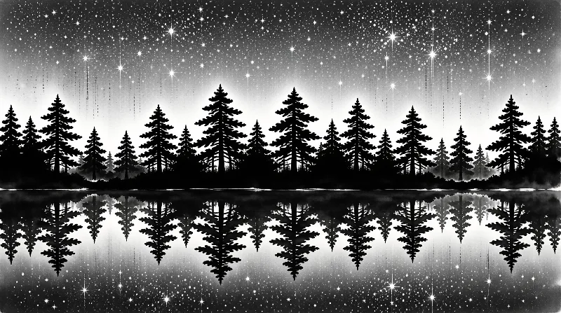 Black and white silhouettes of coniferous trees line a calm lake that mirrors the bright star filled night sky above.